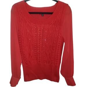 XOXO Brand Sheer Button cuff Knit Sweater, Red, Sz L